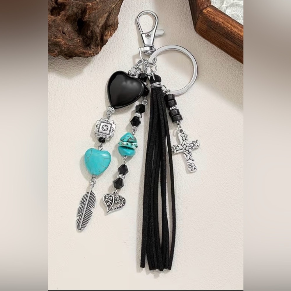 Bag Charm Black Leather Tassel Turquoise Beads Cross charm - Picture 2 of 3